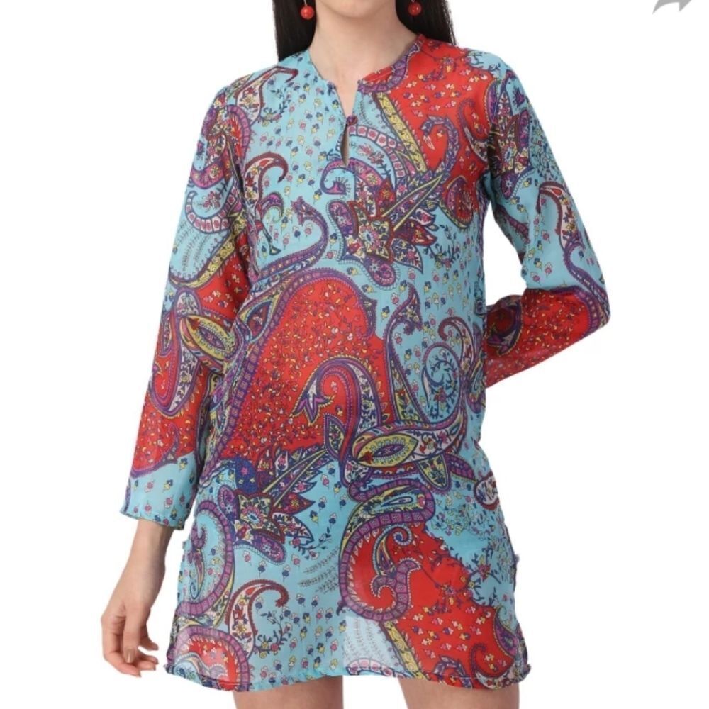 Raj Women's V-Neck Neck Printed Blue red tunic dress beach cover up sz M…